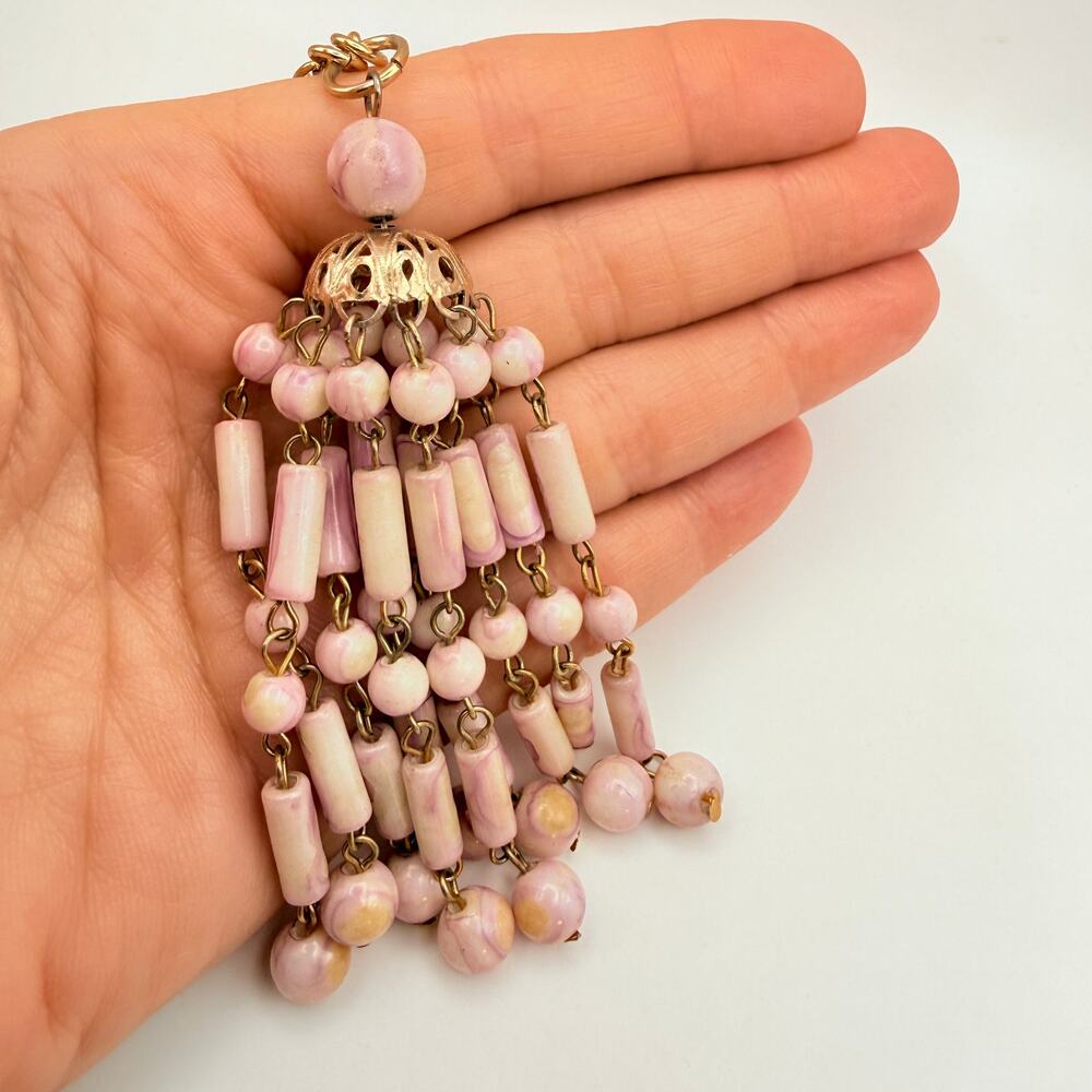 Vintage Pink Purple Plastic Bead Tassel Fringe Gold Tone Chain Necklace 26"
